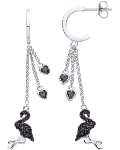 Jewelco London Silver Love Heart Flamingo 2/3 Hoop Drop Earrings - Eag1135 - White