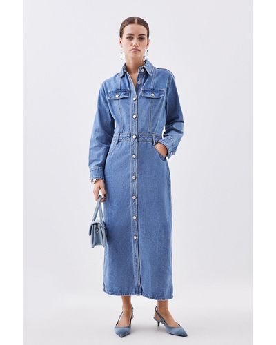 Karen Millen Petite Denim Long Sleeve Midi Shirt Dress - Blue