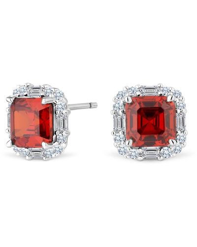 Simply Silver Sterling Silver 925 With Cubic Zirconia Red Emerald Cut Halo Red Stud Earrings