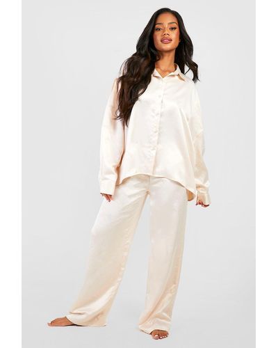 Boohoo Satin Oversized Detail Sleeve Pyjama Set - Natural