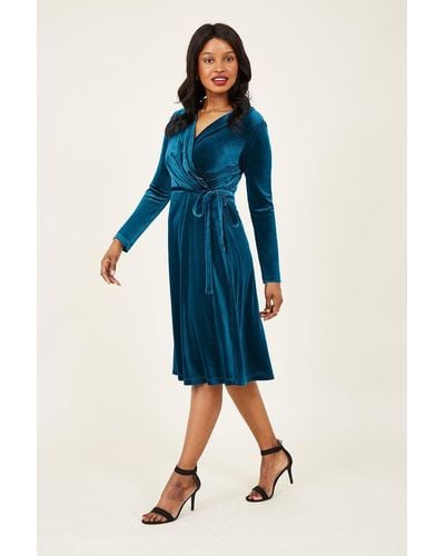 Yumi' Teal Velvet Wrap Dress - Blue