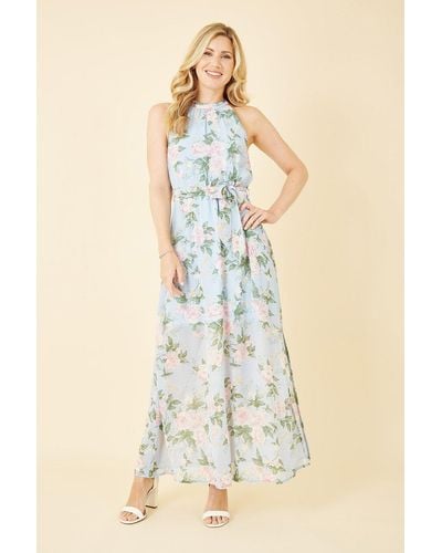 Mela Blue Rose Print Halter Neck Maxi Dress - Natural