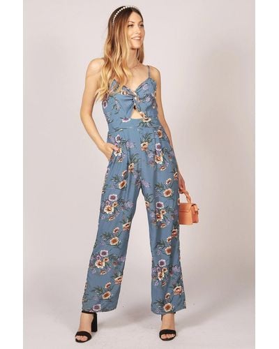 Tenki Strappy Floral Front Knot Jumpsuit - Blue