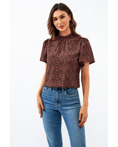 FS Collection Leopard Print Angel Sleeve High Neck Top/blouse In Rusty - Red