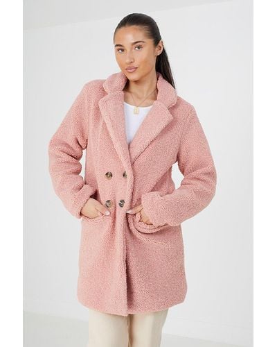 Brave Soul 'kyrati' Double Breasted Longline Faux Fur Jacket - Pink
