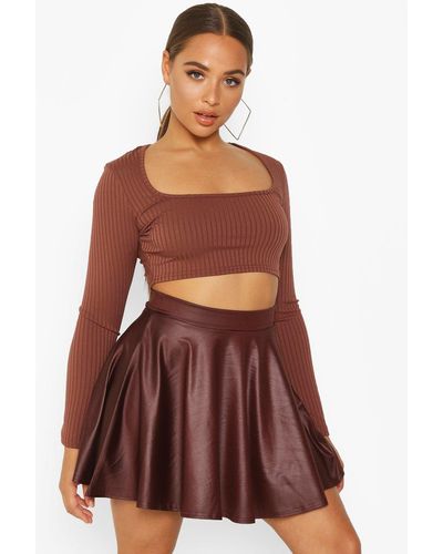 Boohoo High Waisted Leather Look Skater Skirt - Red