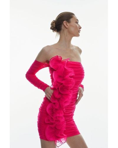 Karen Millen Ponte And Mesh Rouched Organza Frill Bardot Mini Dress - Pink