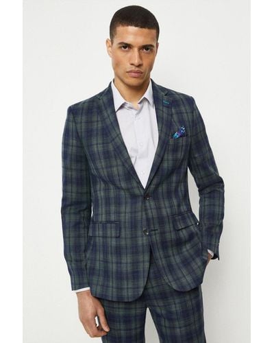 Burton Skinny Fit Navy Green Check Suit Jacket - Blue