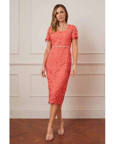 Wallis Lace Embellished Waist Cap Sleeve Midi Dress - Red