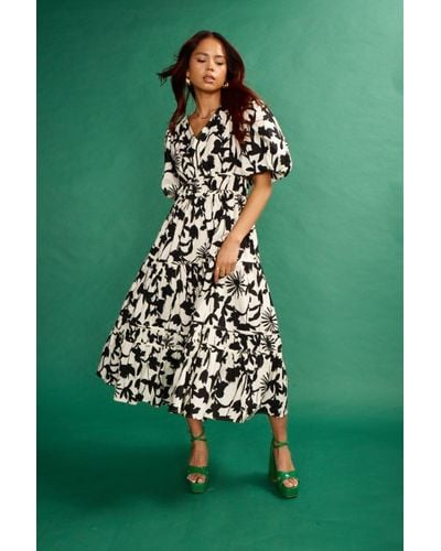 ANOTHER SUNDAY Printed Midi Dress With Puff Sleeves In Mono - Green