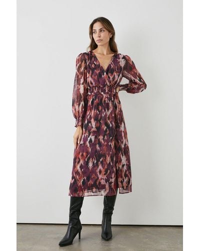 PRINCIPLES Brown Abstract Shirred Waist Midi Dress