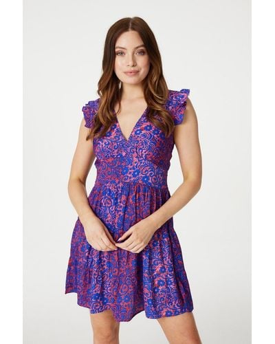 Izabel London Paisley Frill Sleeve Mini Dress - Purple