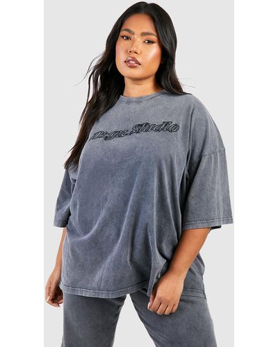 Boohoo Plus Dsgn Studio 3d Embroidered Acid Wash Oversized T-shirt - Grey