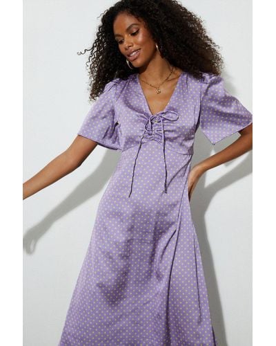 Dorothy Perkins Petite Lilac Spot Satin Angel Sleeve Dress - Purple