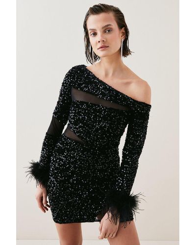 Karen Millen Tall Sequin Velvet Mesh Detail Feather Cuff Jersey Mini Dres - Black