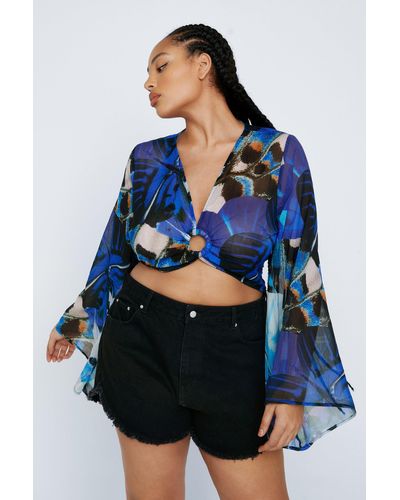 Nasty Gal Plus Size O Ring Butterfly Flared Sleeve Crop Top - Blue