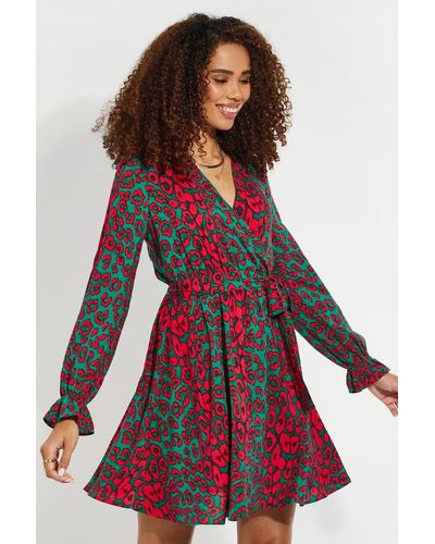 Threadbare Printed 'shopper' Mini Wrap Dress - Red