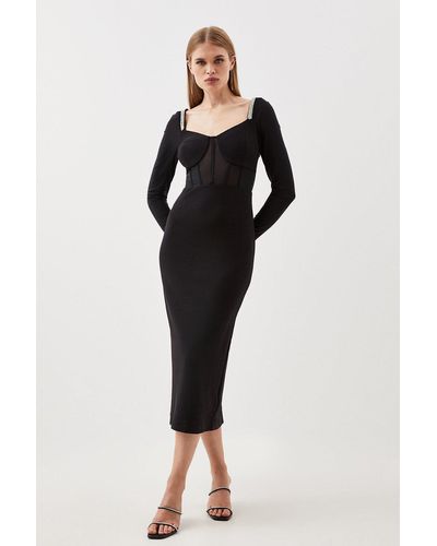 Karen Millen Scuba Crepe And Mesh Diamante Trim Woven Midi Dress - Black