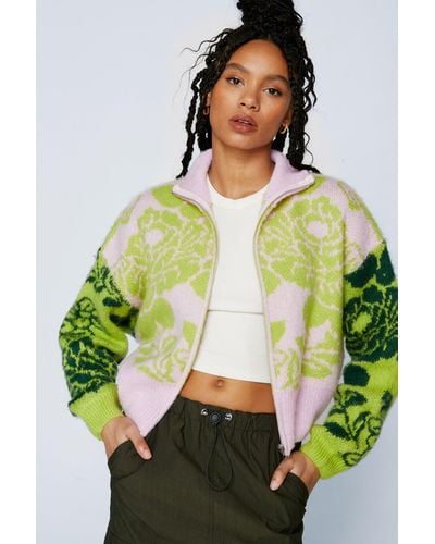 Nasty Gal Floral Knitted Zip Front Cardigan - Green