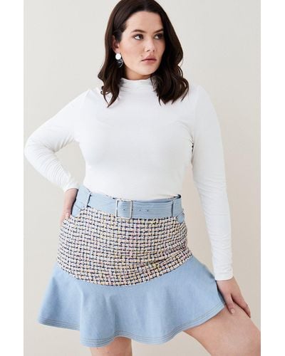Karen Millen Plus Size Denim Tweed Mix Flippy Hem Skirt - White