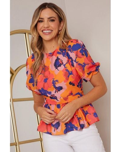 Chi Chi London Puff Sleeve Floral Abstract Print Top - Multicolour