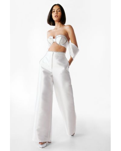 Nasty Gal Diamante Embellished Wide Leg Trousers - White