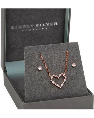 Simply Silver Sterling Silver Rose Gold With Cubic Zirconia Open Heart Set - Gift Boxed - Black