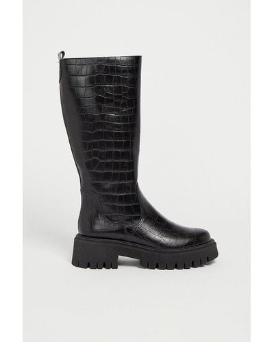 Warehouse Leather Croc Chunky Knee High Boot - Black