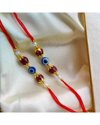 The Colourful Aura Set Of 2 Of Red Sandalwood Golden Evil Eye Rakhi For Raksha Bandhan