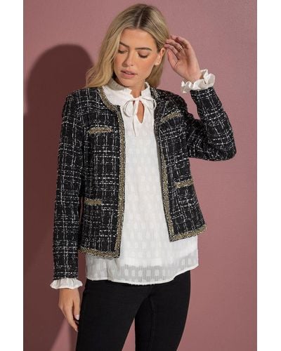 Klass Boucle Tweed Fringe Trim Jacket - Black