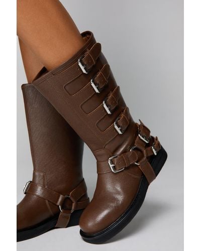 Nasty Gal Real Leather Multi Buckle Biker Boots - Brown