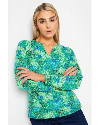 M&CO. Floral Notch Neck Long Sleeve Top - Green
