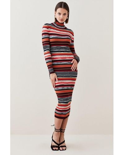 Karen Millen Space Dye Striped Knitted Roll Neck Midi Dress - Red