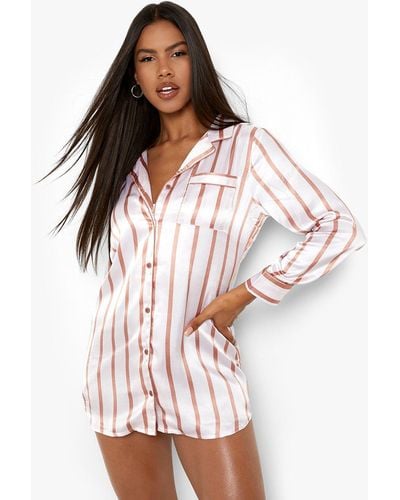 Boohoo Satin Stripe Night Shirt - Brown