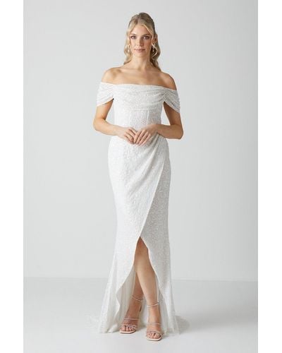 Coast Draped Bardot Cap Sleeve Wrap Skirt Wedding Dress - White