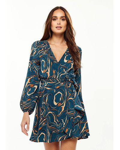 Liquorish Scribble Print Mini Wrap Dress With Long Sleeves In Dark Green - Blue