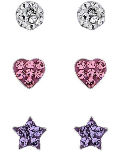 Simply Silver Sterling Silver 925 Embellished With Crystals Pave Shape 3-pack Stud Earrings - White