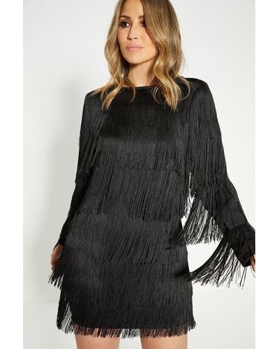 Oasis Rachel Stevens Fringed Long Sleeve Mini Dress - Black