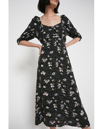 Warehouse Sweetheart Neck Floral Midi Dress - Black
