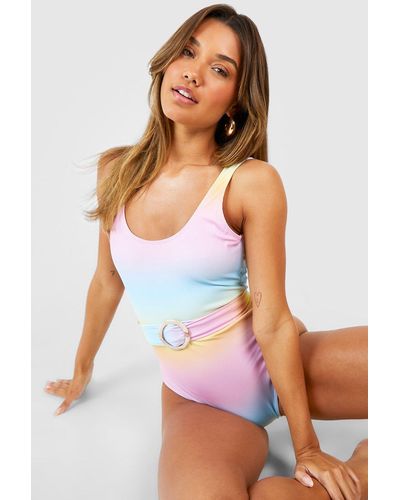 Boohoo Ombre Crinkle Belted Scoop Bathing Suit - White