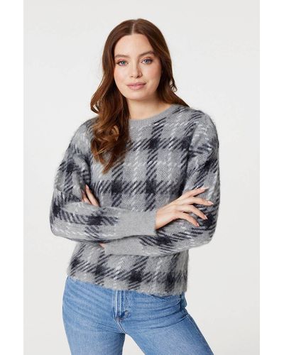 Izabel London Checked Long Sleeve Knit Pullover - Grey