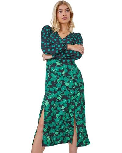 D.u.s.k Floral Spot Print Midi Stretch Dress - Green