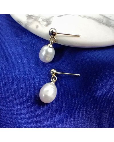The Colourful Aura Freshwater Single White Pearl Drop Dangle Earrings - Blue