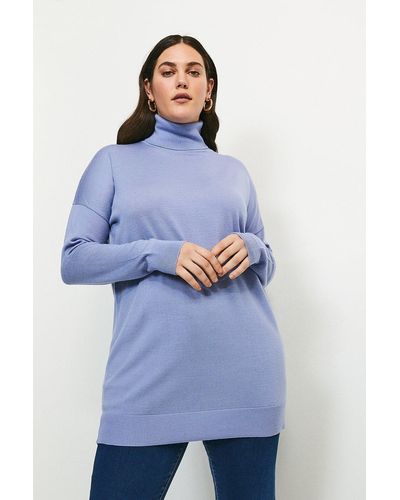 Karen Millen Plus Size Merino Wool Roll Neck Longline Jumper - Blue