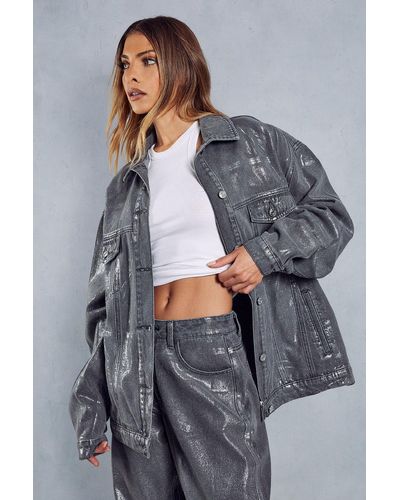 MissPap Metallic Oversized Denim Jacket - Grey