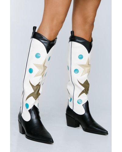 Nasty Gal Faux Leather Star Knee High Cowboy Boots - White