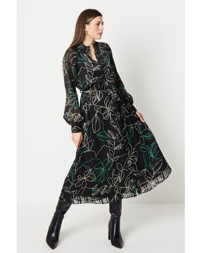 Wallis Floral Print Satin Stripe Woven Button Through Shirt Dress - Black