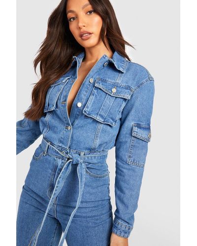 Boohoo Tall Belted Tapered Cargo Denim Boilersuit - Blue