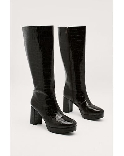 Nasty Gal Patent Croc Platform Knee High Boots - Black