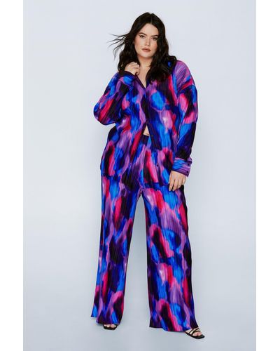 Nasty Gal Plus Size Printed Plisse High Waisted Trousers - Blue